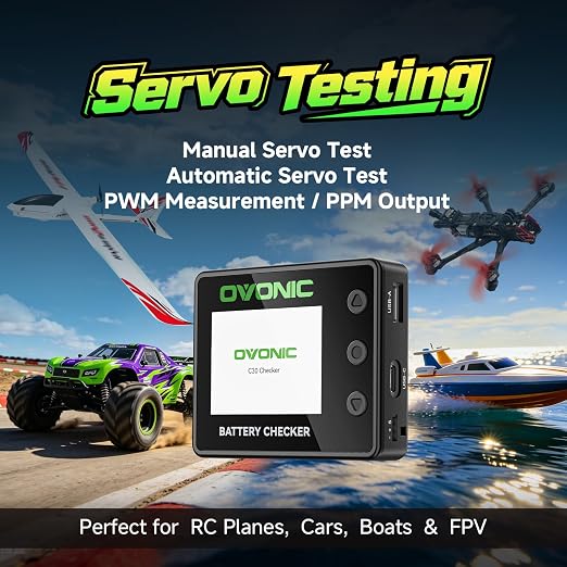 OVONIC C30 Battery Checker with Servo Tester, 1-8S LiPo LiHV Life Li-Ion Battery Voltage Tester, PWM/PPM Signal Test, USB-C 30W & USB-A 22.5W Power Output, Cell Balancer
