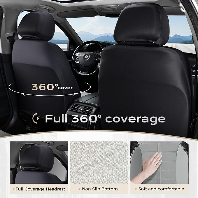 Coverado Full Set Leather Car Seat Covers, Crafted with Full Leather Construction and Carbon Fibre Weave Universal Fit for Most Cars SUV Trucks(Gray