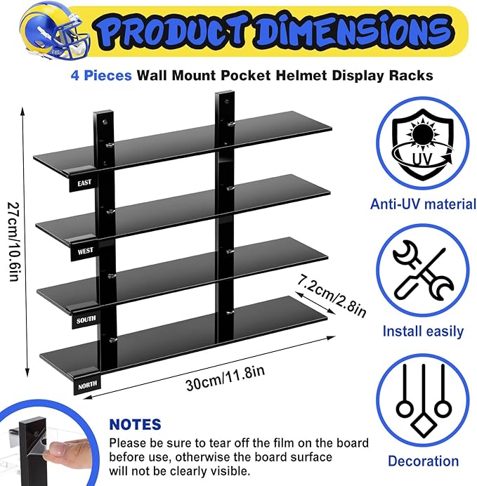 Colingmill Mini Football Helmet Display Racks Wall Mount Pocket Helmet Storage Acrylic Black Baseball Stand Display Rack Ideal Gift for Sports Enthusiast, 11.81 x 9.84 x 3.15 Inches