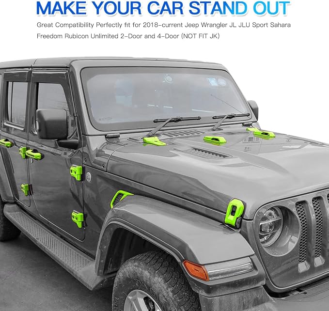 Barong for Jeep Wrangler JL JLU 2018-2025 Accessories Exterior Decoration Door Hinge Handle Engine Hood Hinge Hood Latch Wheel Eyebrow Side Air Outlet Rear Window Hinge Cover 26PCS Full Set(Green)
