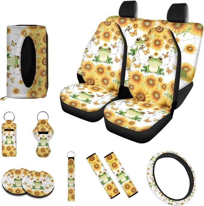 Poceacles Frog Butterfly Sunflower Car Accessories Full Set, Car Seat Covers Set Auto Front Rear Seat Protector Keychain Cup Holder Steering Wheel Cover Seat Belt Pad Tissue Box Lipstick Cover, 13PCS