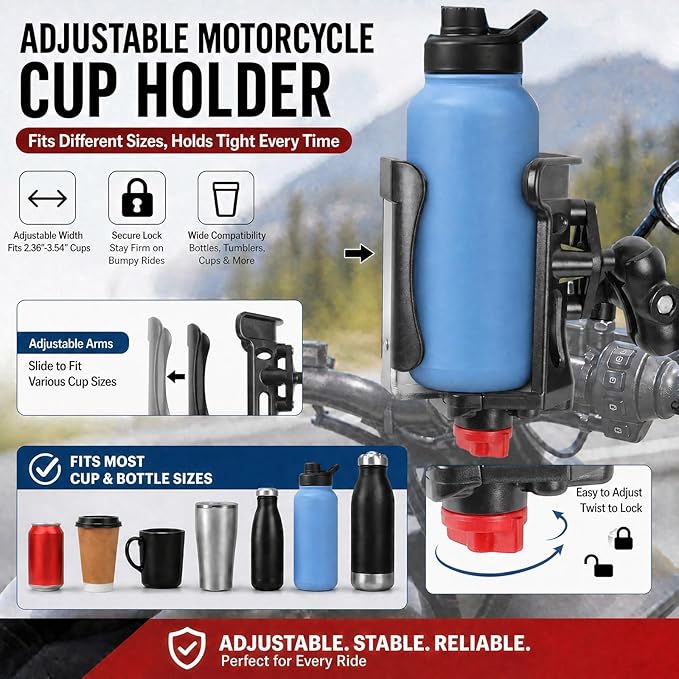 Heavy Duty Motorcycle Cup Holder, Metal Handlebar Mount for Harley Bike ATV | Dual 360° swivel keeps drink level. Fits 0.5-1.3" bars & 2.36-3.54" water bottles. Non-slip, holds up to 32oz. Durable alloy.