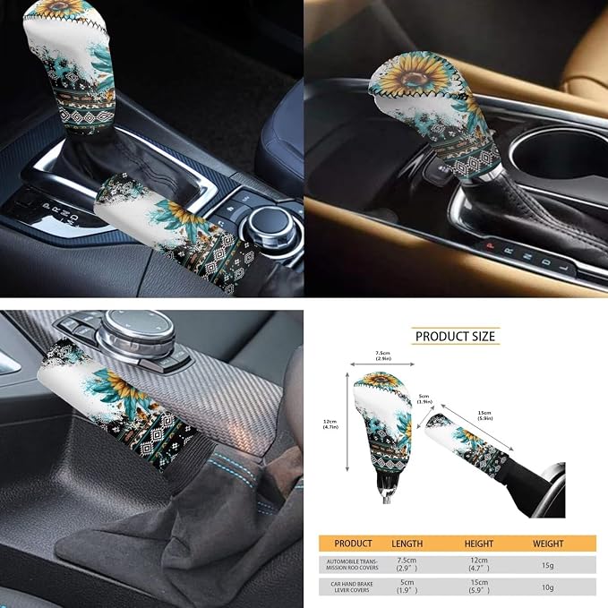 Retro Sunflower 12 Pieces Car Seat Covers Sets Steering Wheel Cover Steering Wheel Cover Car Console Covers Cars Seat Belt Cover Personalized for Most Cars, SUVs