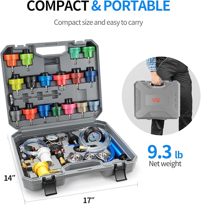 VTG VOGTEN 30PCS Coolant Pressure Tester & Vacuum Refill Kit,Radiator Pump Pressure Tester Kit for Automotive Cooling System Water Tank Leakage Detection