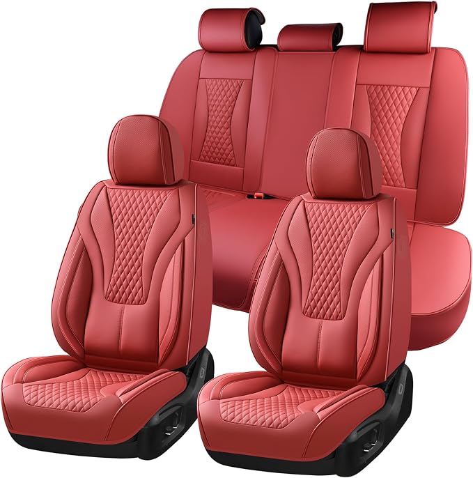 Coverado Waterproof Nappa Leather Car Seat Covers Full Set 5-Seat Car Seat Protector Front & Rear Cushions Fit for Most Sedans SUVs Pick-up Trucks Red