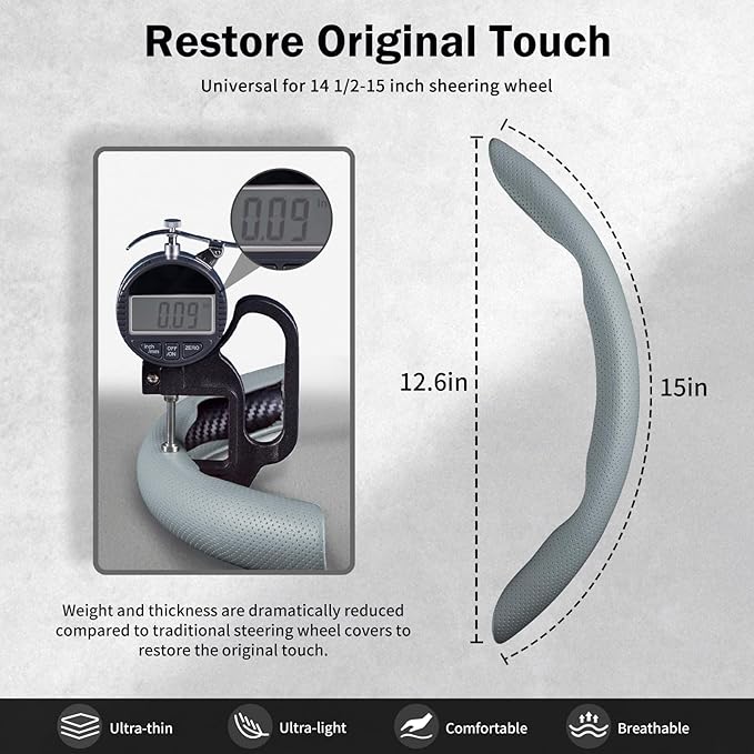 Nappa Leather Car Steering Wheel Cover for Men Women, Ultra-Thin Non-Slip Breathable Microfibre, Universal for 14.5"-15" Steering Wheel - Gray