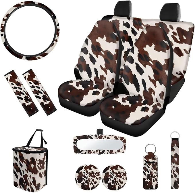 Brown Cow Print Car Accessories Set 12 Pcs Steering Wheel Cover Car Seat Belt Cover Car Trash Can Car Rear View Mirror Cover Car Cup Coasters Keychain Holder Keychains