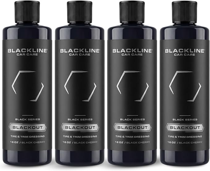 Blackline Car Care - Blackout Trim & Tire Dressing - Best Tire Shine No Sling Formula - Water Based Protection for Car Tires & Trim - Safe for Cars, Trucks, SUVs & More - 16 fl oz (Pack of 4)