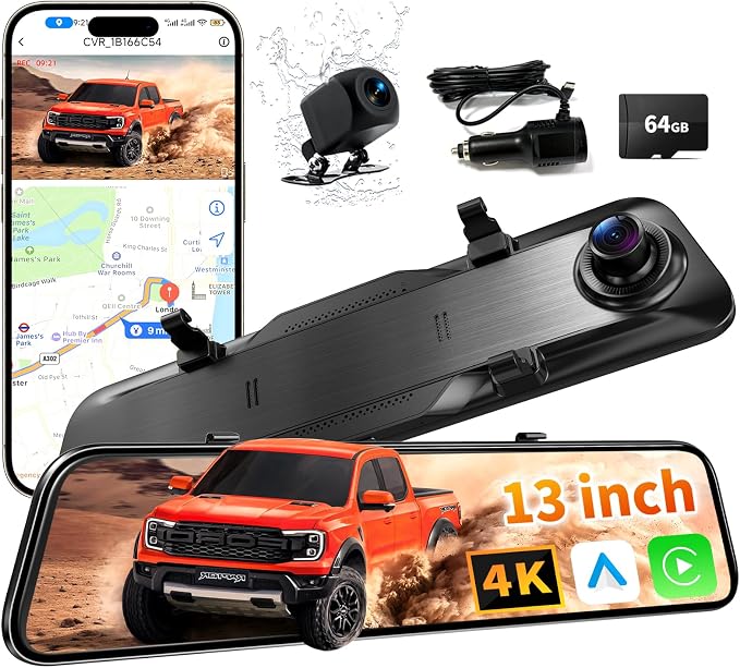 2026 Ultrawide 13’’ 4K Rear View Mirror Camera with Carplay&Android Auto, 5.8GHz WiFi Smart Rearview Mirror with Voice Control/Split Screen, 64GB Card Included,Reverse Assist/Loop Record/G-Sensor
