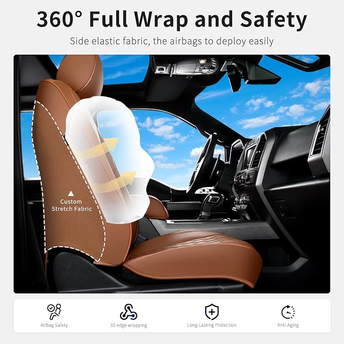 Huidasource Fit for Brown Chevy Silverado/GMC Sierra Front Seat Covers, Thickened Perforated Nappa Leather Front Truck Seat Covers 2007-2025 1500, 2015-2025 2500HD 3500HD Crew Double Extended Cab