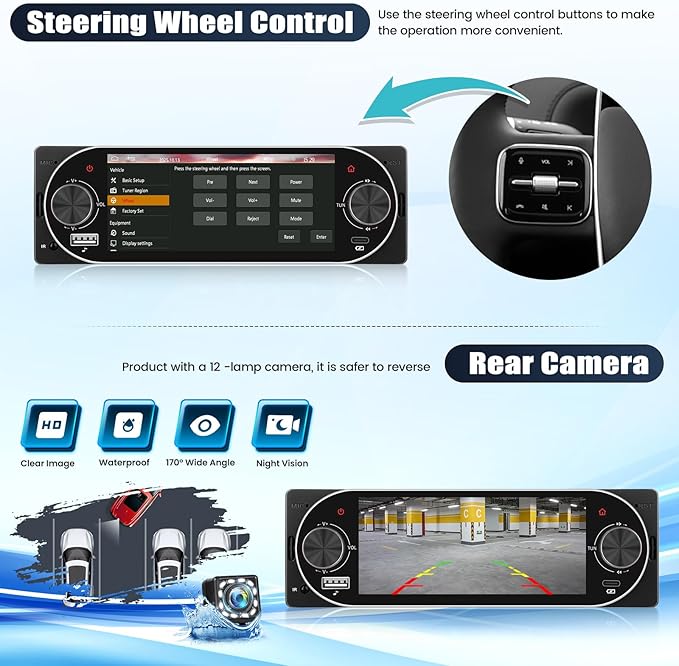 Single Din Touchscreen Car Stereo with Wireless Carplay&Android Auto,5.1" Car Radio MP5 Player with Bluetooth FM Radio EQ Car Audio with USB/Type-C SWC+Backup Camera
