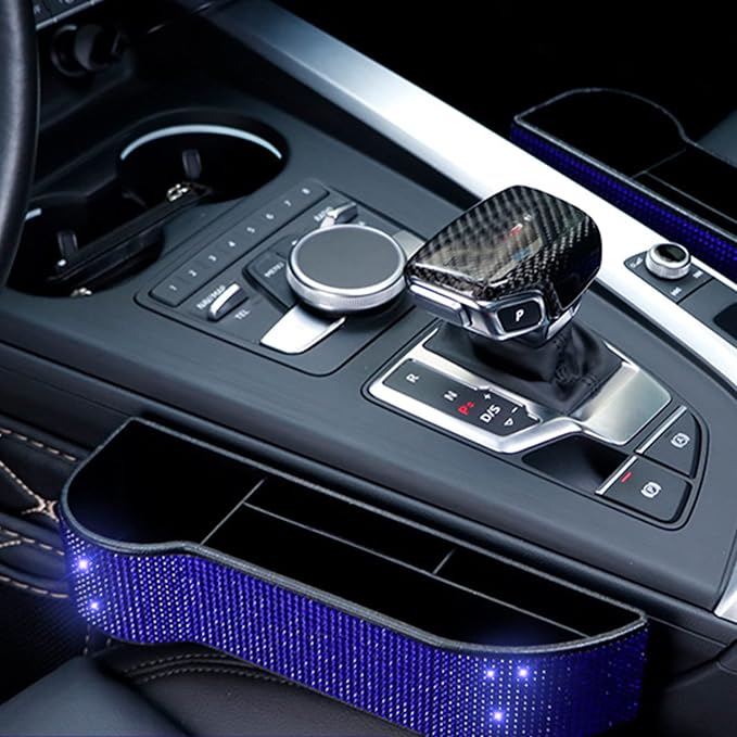 Bling Bling Car Seat Organizer Front Seat Gap Filler with Crystal Rhinestones Diamond, PU Leather Car Seat Console Storage Organizer for Car Accessories (2 Pack Dark Blue)