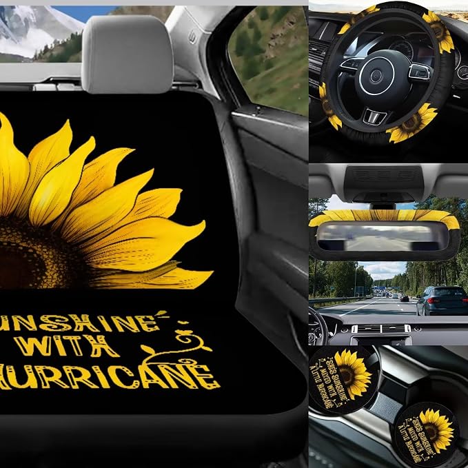 She's Sunshine Sunflower Car Seat Covers Set Full Set 17 Pack Sunflower Car Accessories Set with Cute Cow Print Steering Wheel Covers,Headrest Covers,Trash Container for Auto,Universal Fit