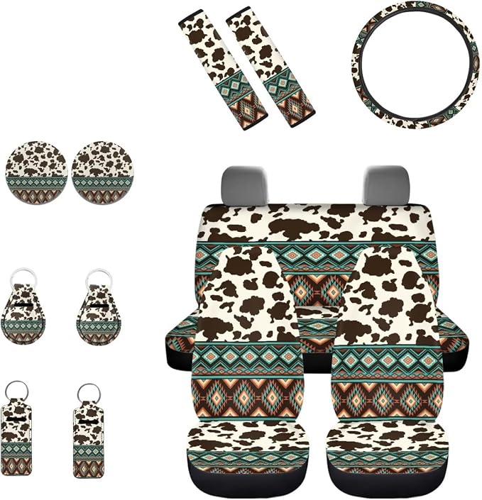 INSTANTARTS Brown Cow Print 13-Piece Car Front Rear Seat Covers Seat Belt Pads,Steering Wheel Cover,Car Coasters,Lip Balm Holder,Keychain Southwest Africa Aztec Auto Protection Device