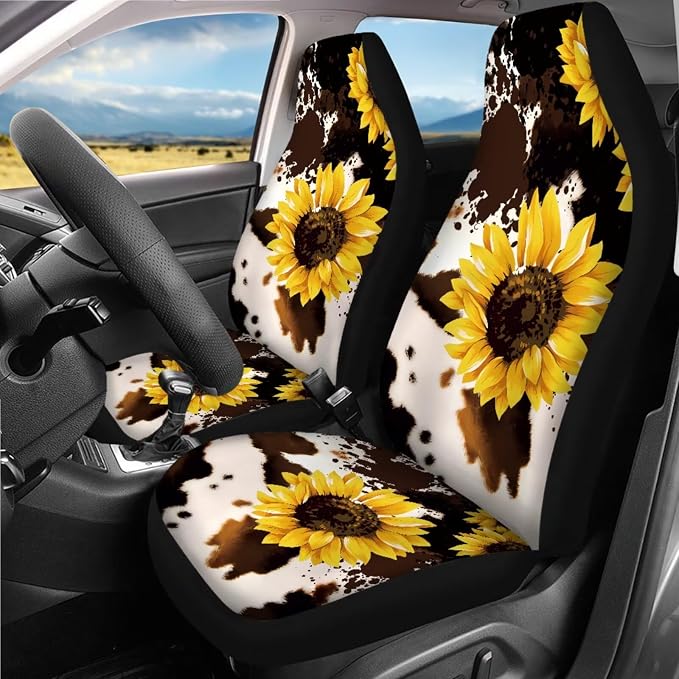 Sunflower Print Car Seat Covers Full Sets 18 Pcs Sunflower Cow Print Car Accessories Set with Steering Wheel Cover Auto Trash Can Car Headrest Covers Belt Pads Cover Armrest Pad,Universal Fit