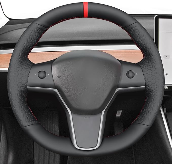 MEWANT Hand Stitch Black Geometric Embossed Faux Leather Steering Wheel Cover for Tesla Model Y 2023 Model 3 2017-2023