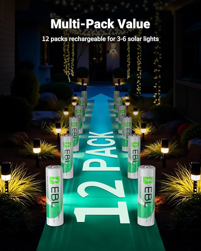EBL Solar AA Battery Rechargeable Batteries for Outdoor Solar Lights, 1300mAh NIMH Pre-Charged 1.2V Recharge up to 1200x Times for Garden Landscaping String Lights, Pack of 12