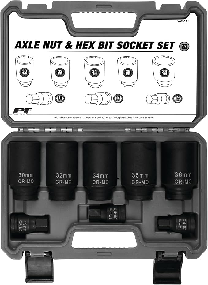 Performance Tool W89321 Axle Nut and Hex Bit Socket Set (8 Pieces) - Chrome Molybdenum Steel Construction, Extra-Deep Sockets for Secure Grip, Corrosion Protection, Fitted Storage Case - 1/2 in. Drive