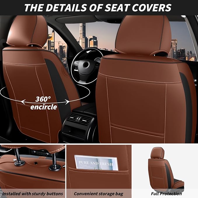 Arazi Fit for 90% of Mercedes-Benz Seat Covers, 360° Full Wrap Original Seat Cover, Waterproof Nappa Leather Seat Covers with Big Space Storage Pocket Seat Protector（2 Seats Luxury, Black&Brown）