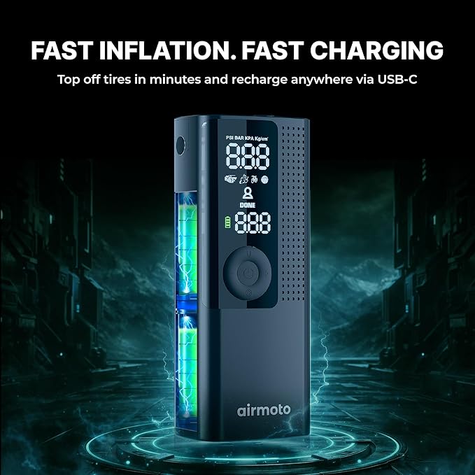 Airmoto and Power Kit Bundle Deal - 1 bundle - Tire Inflator Portable Air Compressor with Power Kit for Charging on The Road - Cordless Air Pump for Car Tires, Motorcycle, Bicycle, Balls