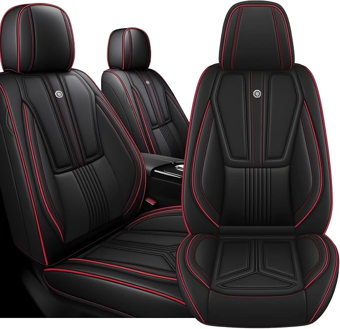 Arazi Fit for 90% of Mercedes-Benz Seat Covers, 360° Full Wrap Original Seat Cover, Waterproof Nappa Leather Seat Covers with Big Space Storage Pocket Seat Protector（2 Seats Standard, Black&Red Line）