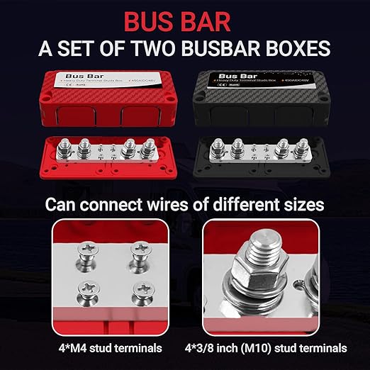 450A 48V DC Heavy Duty Bus Bar Kit, 2-Pack Positive & Negative Power Distribution Block with 5/16" (M8) Studs for Car RV Solar Panel Wiring Systems(Red 450A CXC01)