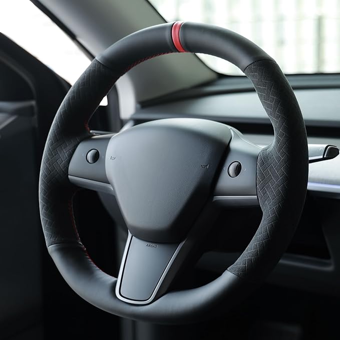 MEWANT Hand Stitch Steering Wheel Cover for Tesla Model Y 2023 Model 3 2023 Made of Black Faux Leather Embossed Athsuede