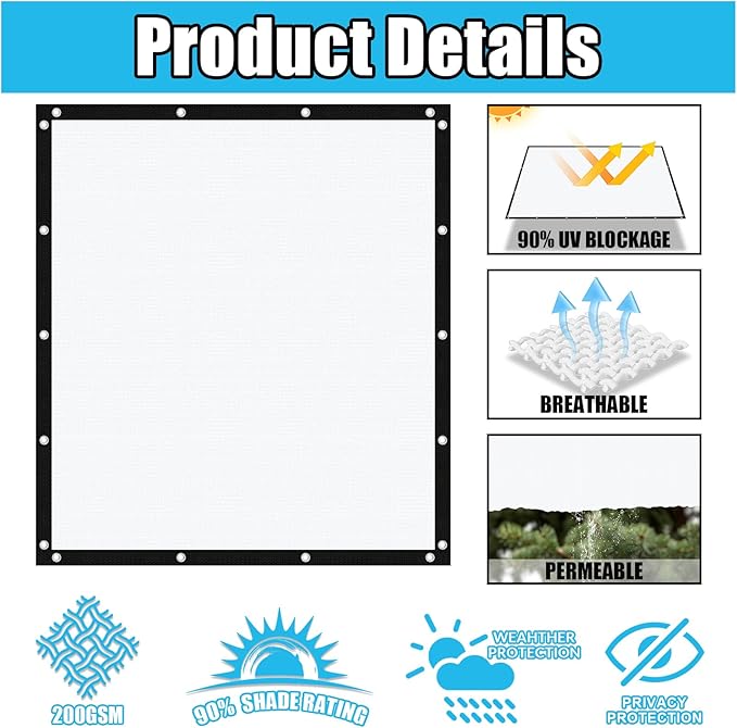 Amagenix 90% Pergola Shade Cover 7' X 8' Sun Shade Cloth with Grommets for Outdoor Garden Patio Porch, Commercial Grade 200 GSM - Cable Zip Ties Included (We Customized) GN108, White
