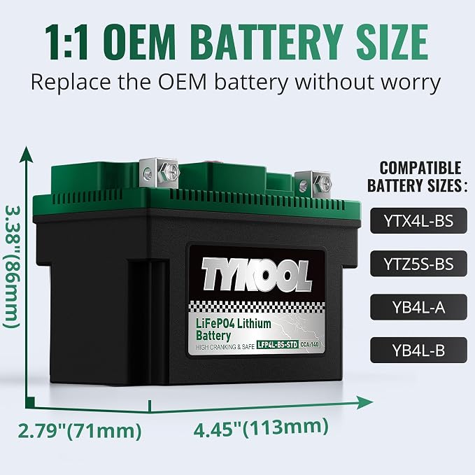 TYKOOL LFP4L-BS-STD 12V Lithium Battery, Replaces YTX4L-BS, 140CCA 2.8Ah, Fits for ATV Motorcycle Scooter Lawn Mower, Compatible with Polaris Outlaw 50 Honda Grom Troy-Bilt Mowers, Digital Readout