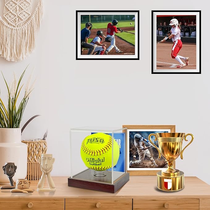 Softball Display Case Clear Soft Ball Holder for Display,UV Protected Cube with Wooden Base,Softball Display Case for 12 Inch Ball or 11 inch Ball Sports Ball Storage Collections (4×4×4.8 inches)