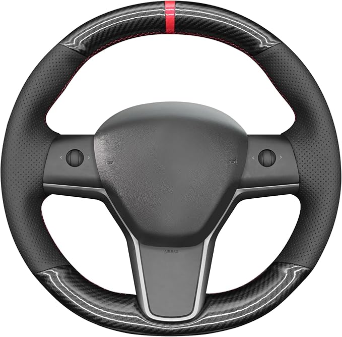 MEWANT Hand Stitch Shiny PU Carbon Fiber Real Leather Steering Wheel Cover for Tesla Model Y 2020-2023 Model 3 2017-2023