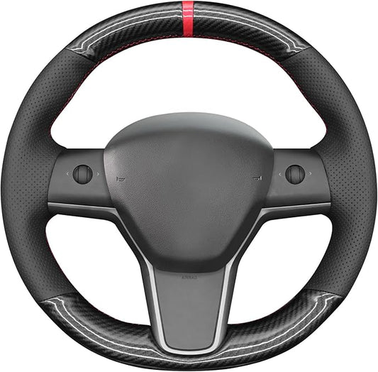 MEWANT Hand Stitch Shiny PU Carbon Fiber Real Leather Steering Wheel Cover for Tesla Model Y 2020-2023 Model 3 2017-2023