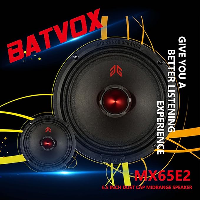 MX65E2 Loudspeaker 6.5 Inch Midrange 480 Watts 4 Ohms Red Bullet, Premium Quality Audio Door Speakers for Car or Truck Stereo Sound System, Black (2 Speakers)