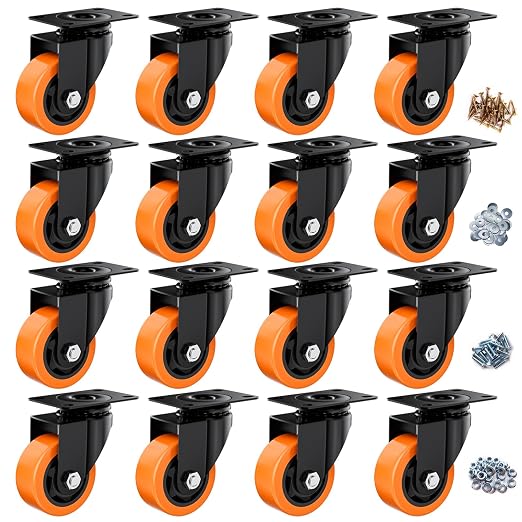 3" Swivel Plate Casters Set of 16 Heavy Duty 1000 lbs | Orange PU, Non-Marking, Quiet. 1000 Lbs/4 Casters. No Brake - Continuous Rolling. Black Rustproof Bracket. Workshop, Garage