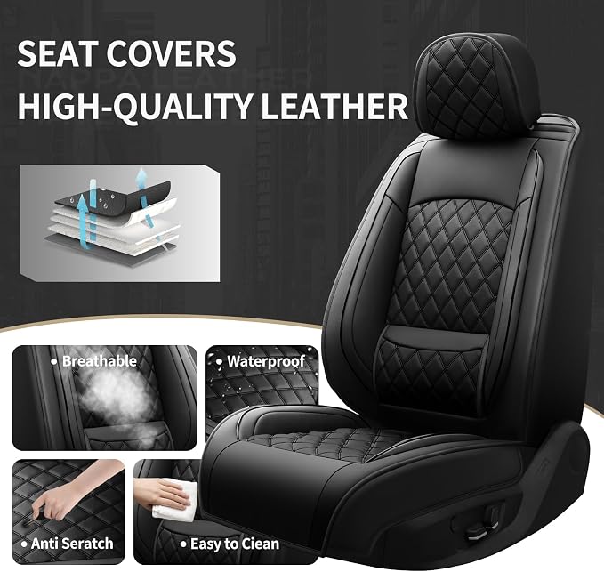 Fit Fusion Car Seat Covers for Ford Fusion 2007-2020 - Luxury Leather, Anti-Slip, All-Weather Seat Cushions, Waterproof & Breathable, Airbag Compatible, Full 5-Seat Set (Black)