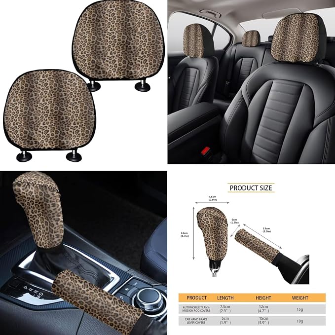 Brown Leopard Car Seat Covers Full Set 15 Pcs Universal Car Accessories Steering Wheel Cover Seat Belt Pads Garbage Bag Car Headrest Pillow Covers Armrest Pad