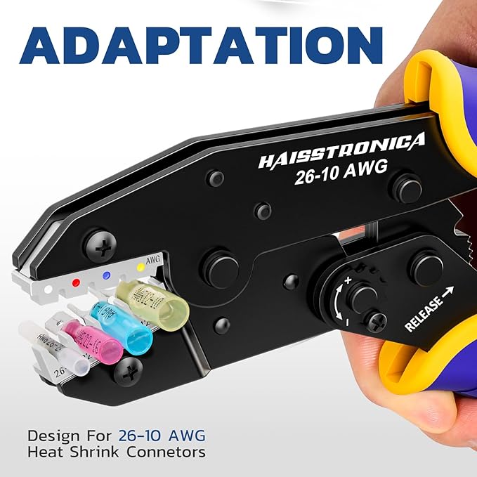 haisstronica Crimping Tool For Heat Shrink Connectors-AWG 26-10 Ratchet Wire Terminal Crimper-Ratcheting Crimper Tools-Available For Insulated Nylon Connectors and Electrical Wire Connectors HS-8327