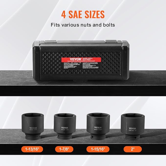 VEVOR Axle Nut Impact Socket Set - 1/2" Drive 6-Point 4-Piece SAE Spindle Nut Socket CR-MO Heat Treated Large Socket Set with Storage Case for Auto Repair, Removing or Installing Axle Nuts