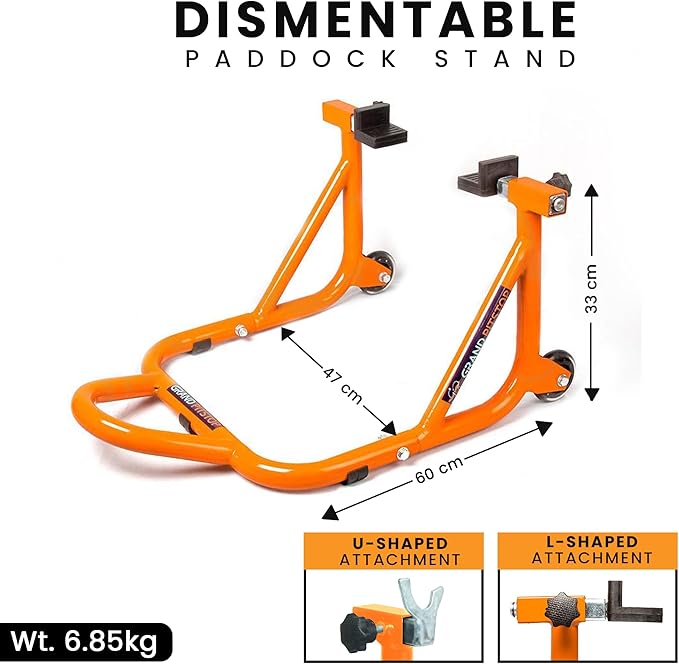 GRAND PITSTOP Motorcycle Stand, Paddock Lift Stand for Rear Wheel with Fork & Swingarm Spool,Weight Capacity 529 lbs/240 Kg's, Dismantable Stand, for Honda Kawasaki Suzuki Motorcycles, Orange