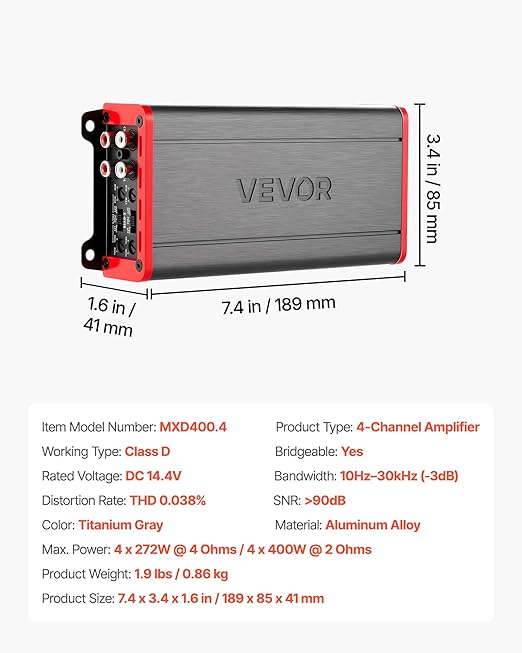VEVOR 4 Channel Car Audio Amplifier 2 Ohm Stable Bridgeable Class D Full Range Amp Max Power 4 x 272W @ 4 Ohm / 4 x 400W @ 2 Ohm for Car SUV Truck Off-Road