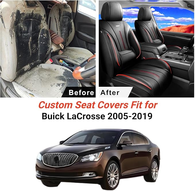 Fit Lacrosse Car Seat Covers (Front Pair) for Select Buick Lacrosse 2005-2019 - Premium Full Coverage Leather, Airbag Compatible, Waterproof & All Weather Seat Cushion Protector, Red Trim