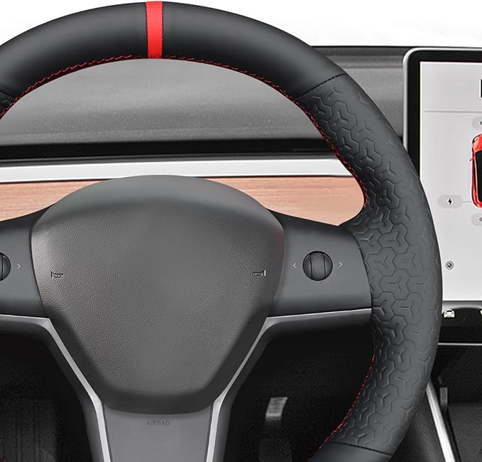 MEWANT Hand Stitch Black Geometric Embossed Faux Leather Steering Wheel Cover for Tesla Model Y 2023 Model 3 2017-2023
