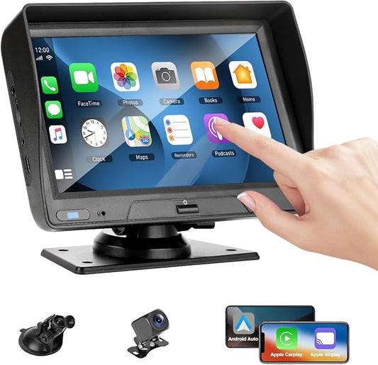 EVERSECU 7 Inch Touch Screen Car Stereo & Backup Camera, Apple CarPlay & Android Auto, Portable Car Radio with Bluetooth Hands-Free/Mirror Link/Maps Navigation/Voice Control/AUX, for Truck, SUV