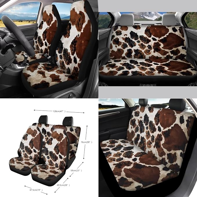 Brown CowPattern Car Accessories Set of 15, Front Rear Seat Covers Protector Steering Wheel Cover Seatbelt Cushion Trash Can Cup Holders Air Vent Storage Bag