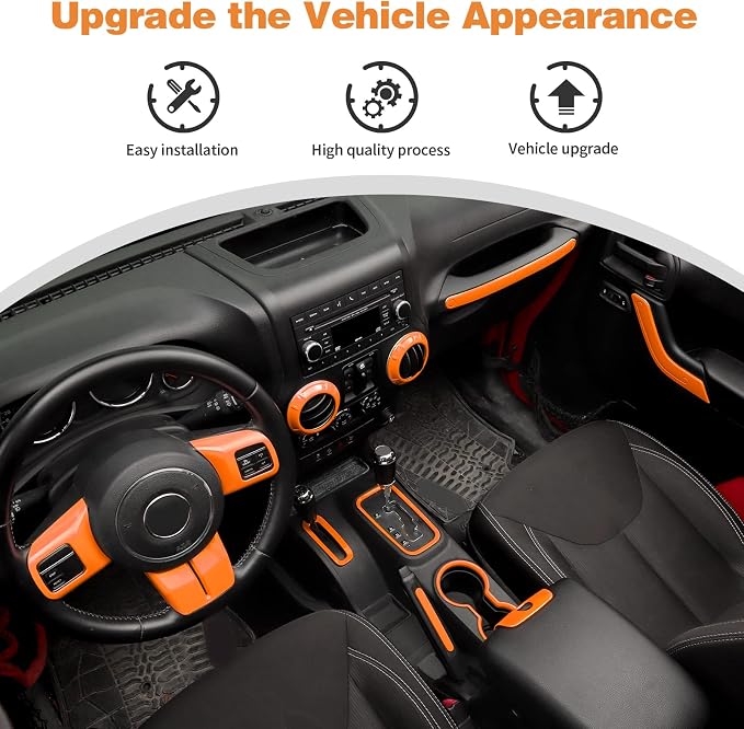 CheroCar 18PCS Interior Trim Kit for Jeep Wrangler JK JKU 2011-2018 4 Door,Steering Button Frame, Air Conditioning Vent Trim Cup Holder Cover,Gear Shift Knobs Frame,Orange…