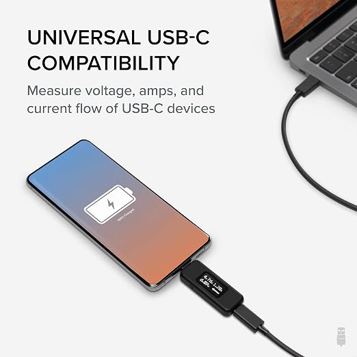 Plugable USB C Power Meter Tester for Monitoring USB-C Connections - Digital Multimeter for USB Type C Cables, Laptops, Phones, Chargers - Driverless