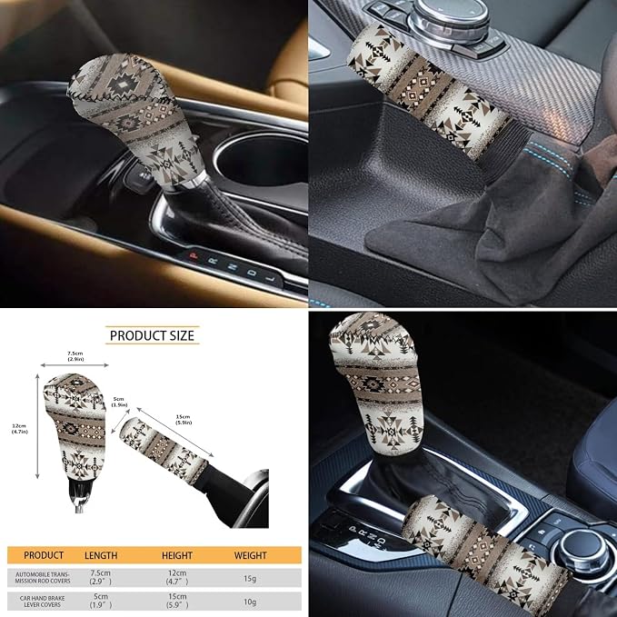 Wanyint Southwestern Aztec Brown Car Seat Cover Full Set for Women Men, with Cup Coasters Steering Wheel Protector Handbrake Gear Shift Knob Headrest Cover Auto Decor, Set of 11