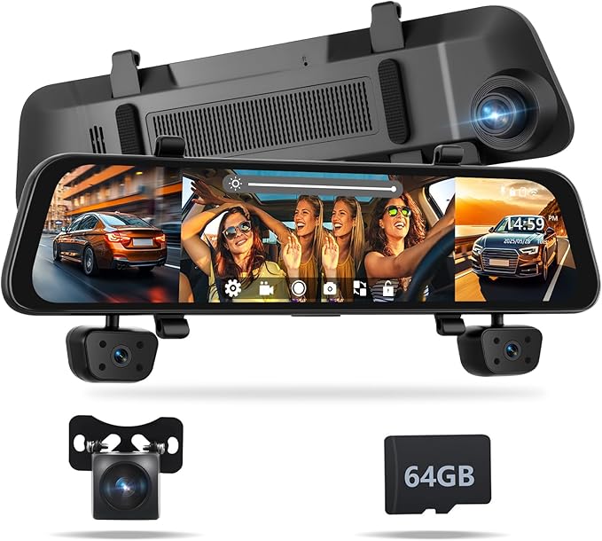 4 Channel Mirror Dash Cam 1080P Front and Rear/Inside 12’’ Touch Screen HD Rearview Mirror Dash Cam with G-Sensor GPS Parking Monitor Built-in WiFi