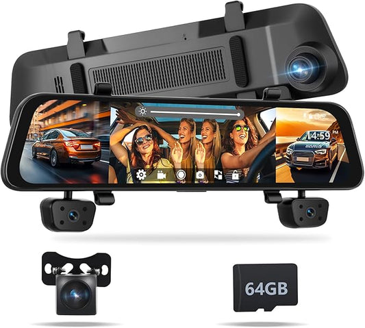 4 Channel Mirror Dash Cam 1080P Front and Rear/Inside 12’’ Touch Screen HD Rearview Mirror Dash Cam with G-Sensor GPS Parking Monitor Built-in WiFi