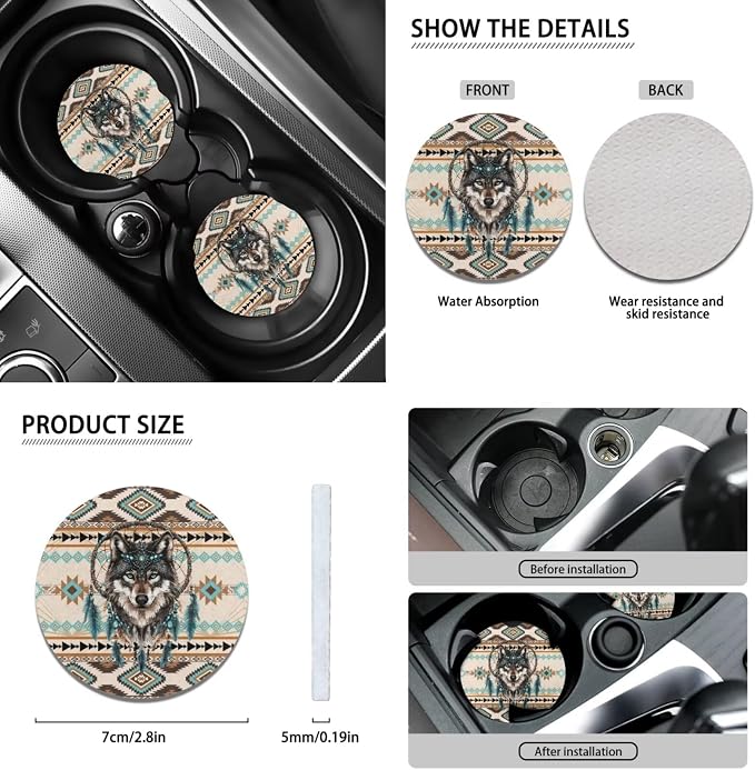 Wanyint Aztec Wolf Dream Catcher Car Seat Cover Split Covers Set for Women Men, 15 Inch Steering Wheel Cover, Headrest Cover Cup Coasters Handbrake Cover Gear Shift Cover Auto Accessories